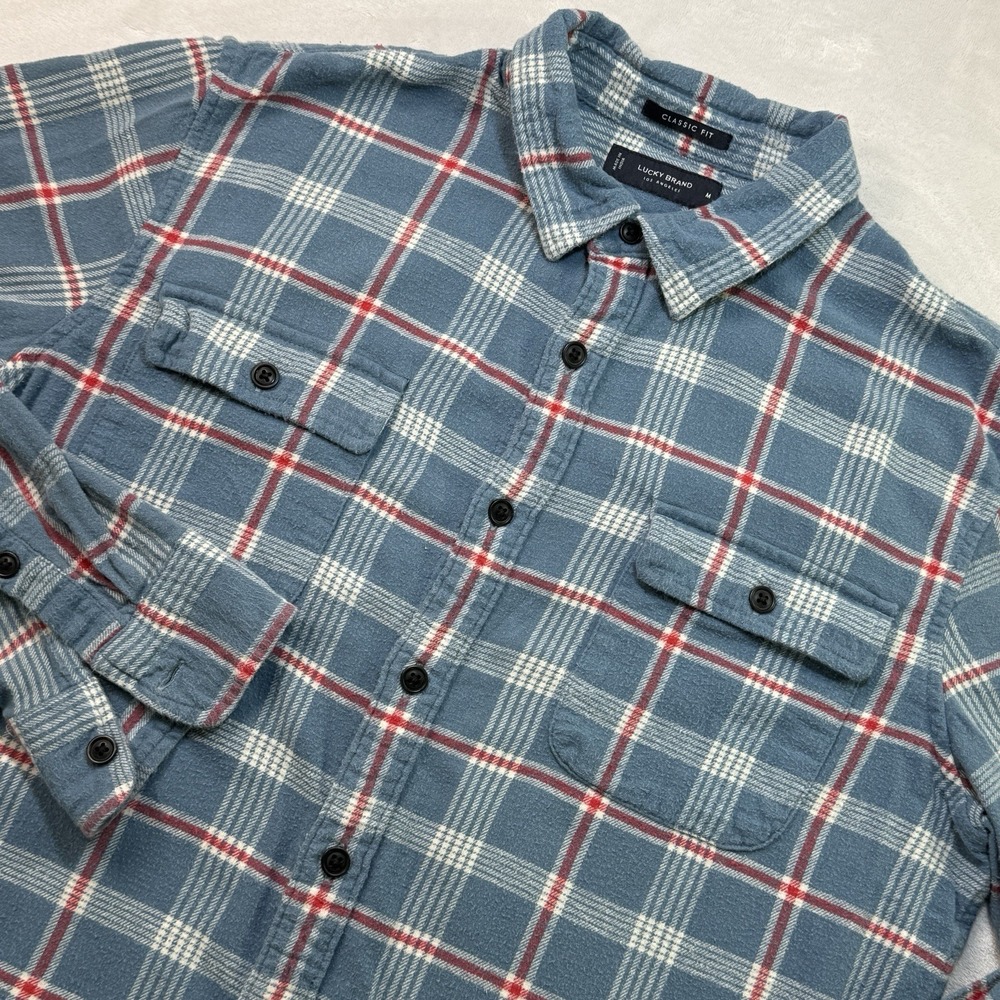 Lucky Brand‎ Mens M Flannel Shirt Blue Red Plaid Classic Fit 100% Cotton